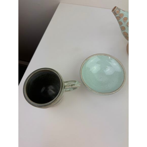 OOAK Blue Beige Ceramic Hand Thrown Pottery Tea Plate Cup Teapot Tea Set 3-Piece - Picture 7 of 12